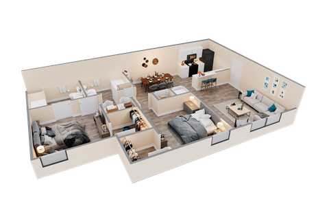Floor plan for 2 beds, 2 baths, 987 sqft